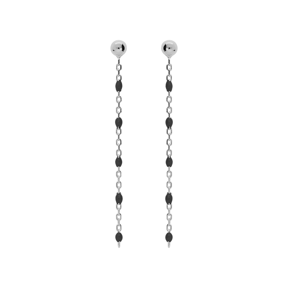 Boucles d\'oreille en argent rhodi� cha�nette avec perles noires et fermoir poussette - Vue 1