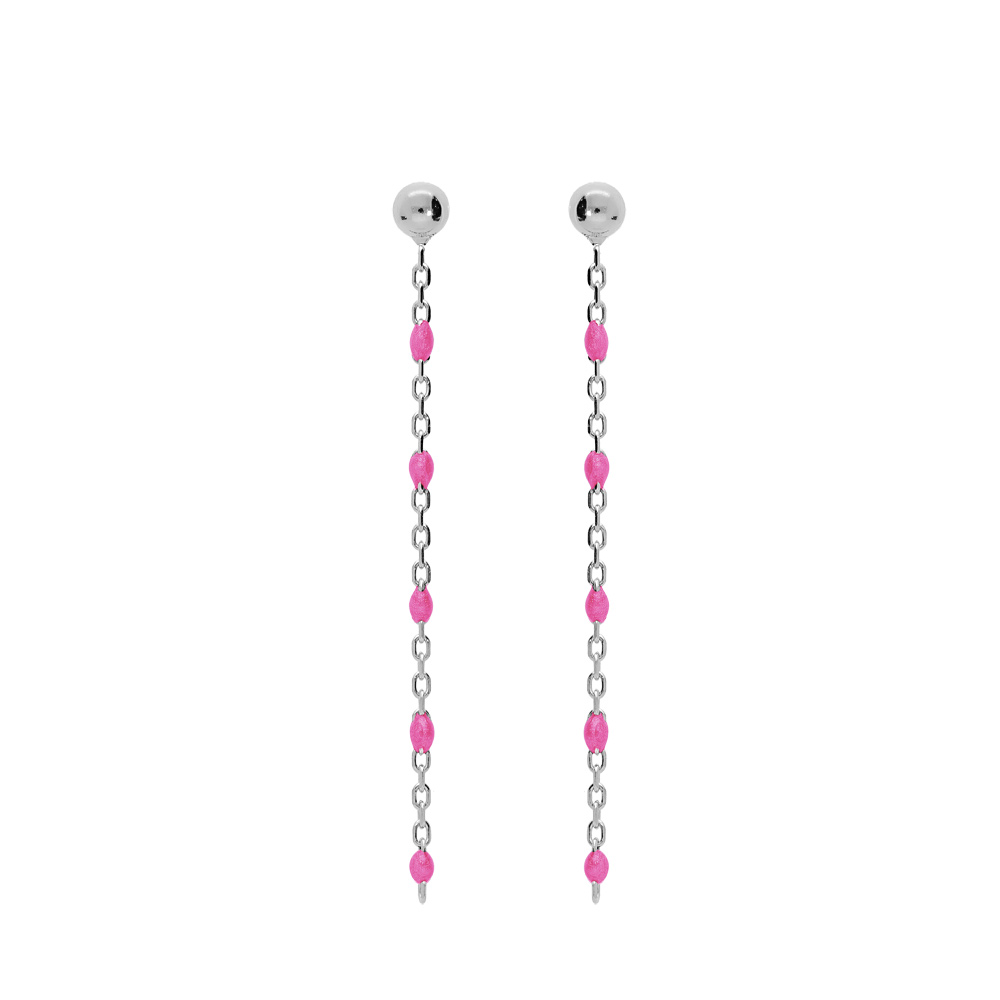 Boucles d\'oreille en argent rhodi� cha�nette avec perles rose fluo et fermoir poussette - Vue 1
