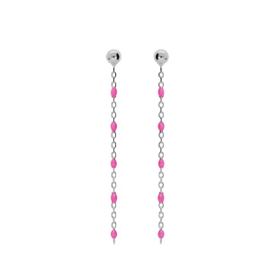 Boucles d\'oreille en argent rhodi chanette avec perles rose fluo et fermoir poussette - Vue 1