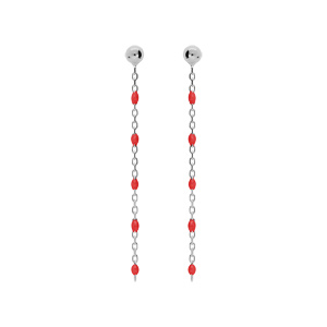 Boucles d\'oreille en argent rhodi chanette avec perles rouges et fermoir poussette - Vue 1