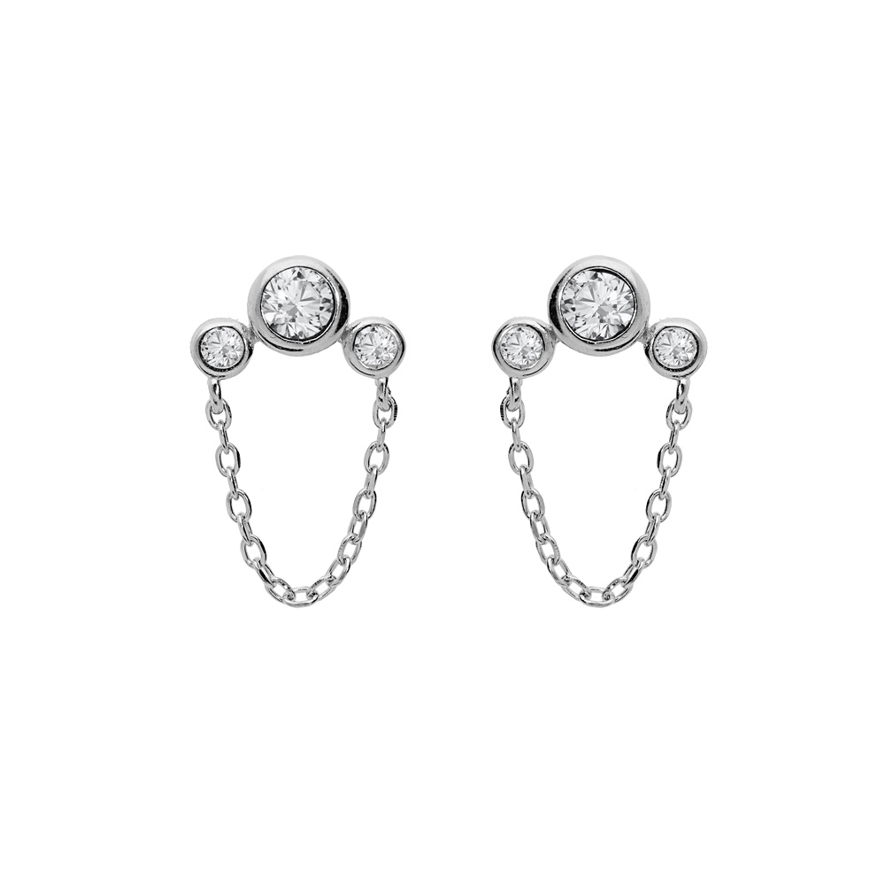 Boucles d\'oreille en argent rhodi� cha�nette et 3 oxydes blancs et fermoir poussette - Vue 1
