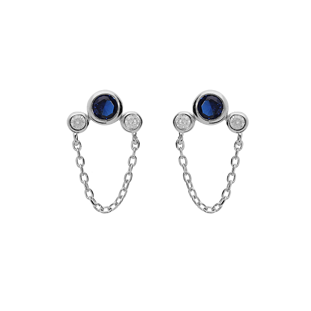 Boucles d\'oreille en argent rhodi� cha�nette et 3 oxydes bleu et blancs et fermoir poussette - Vue 1