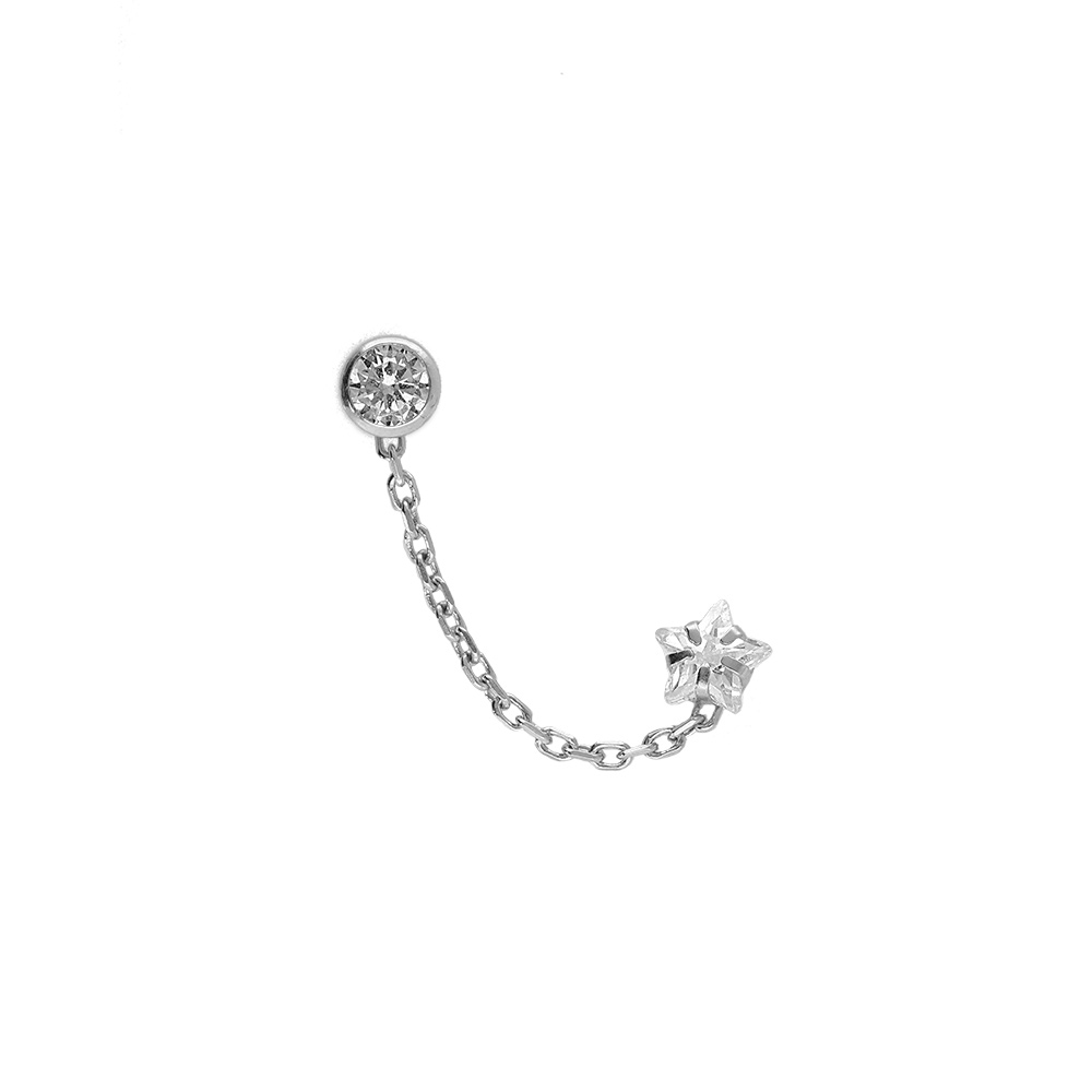 Boucles d\'oreille en argent rhodi� cha�nette oxyde blanc serti clos 4mm et etoile avec oxyde blanc serti - Vue 1