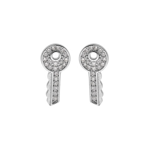 Boucles d\'oreille en argent rhodi clef pave d\'oxydes blancs sertis et fermoir poussette - Vue 1