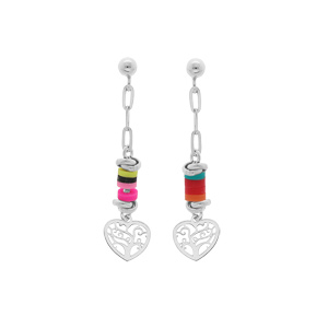 Boucles d\'oreille en argent rhodi cocktail couleurs vives avec coeur suspendu et fermoir poussette - Vue 1