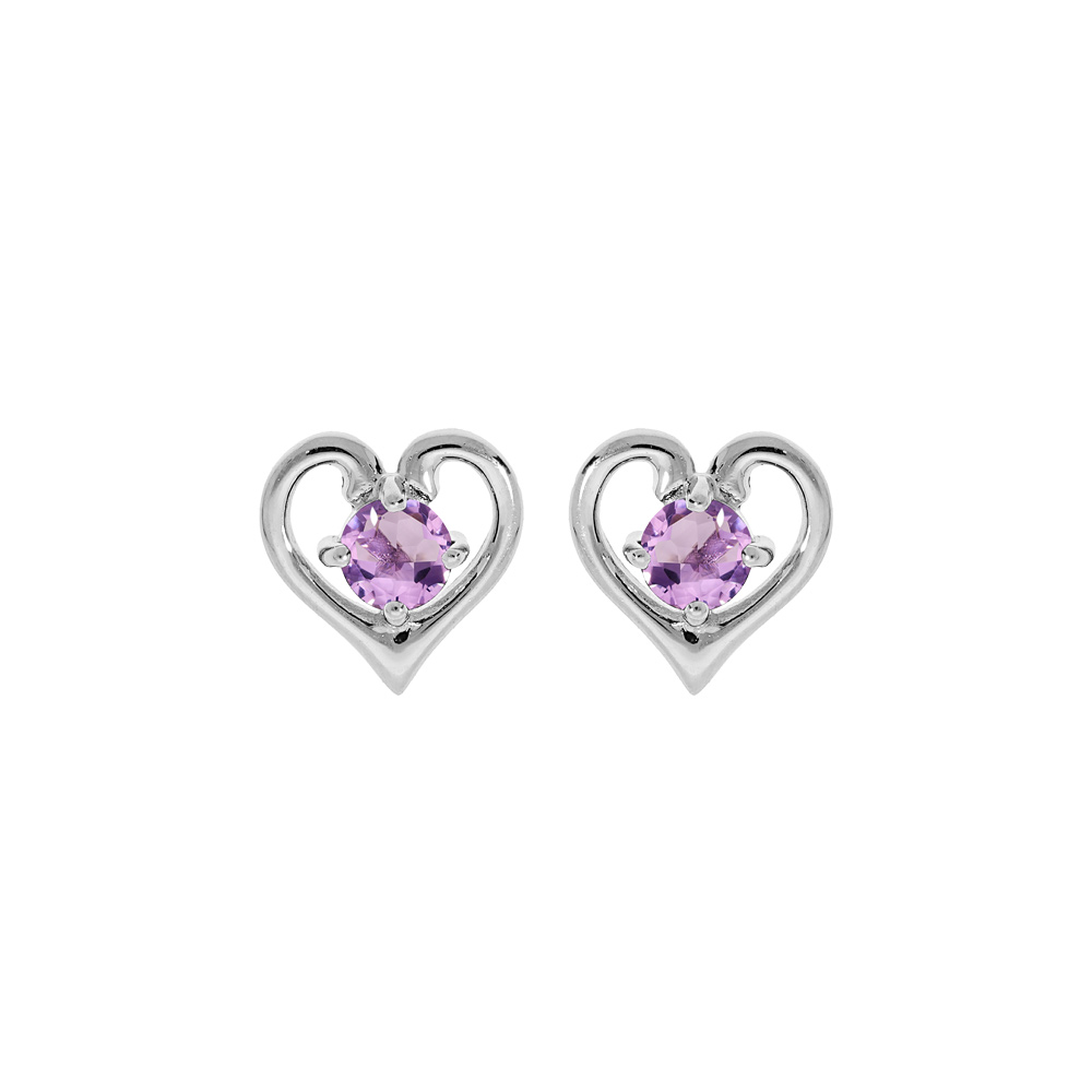 Boucles d\'oreille en argent rhodi coeur avec Amethyste vritable serti et fermoir poussette - Vue 1