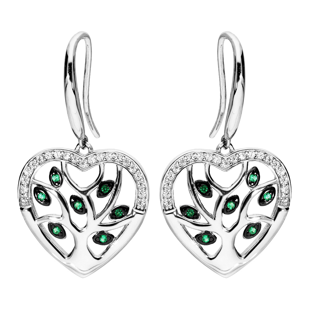 Boucles d\'oreille en argent rhodi� coeur avec arbre de vie empierr� pierres vertes suspendu et fermoir cochet - Vue 1