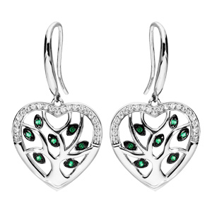 Boucles d\'oreille en argent rhodi coeur avec arbre de vie empierr pierres vertes suspendu et fermoir cochet - Vue 1