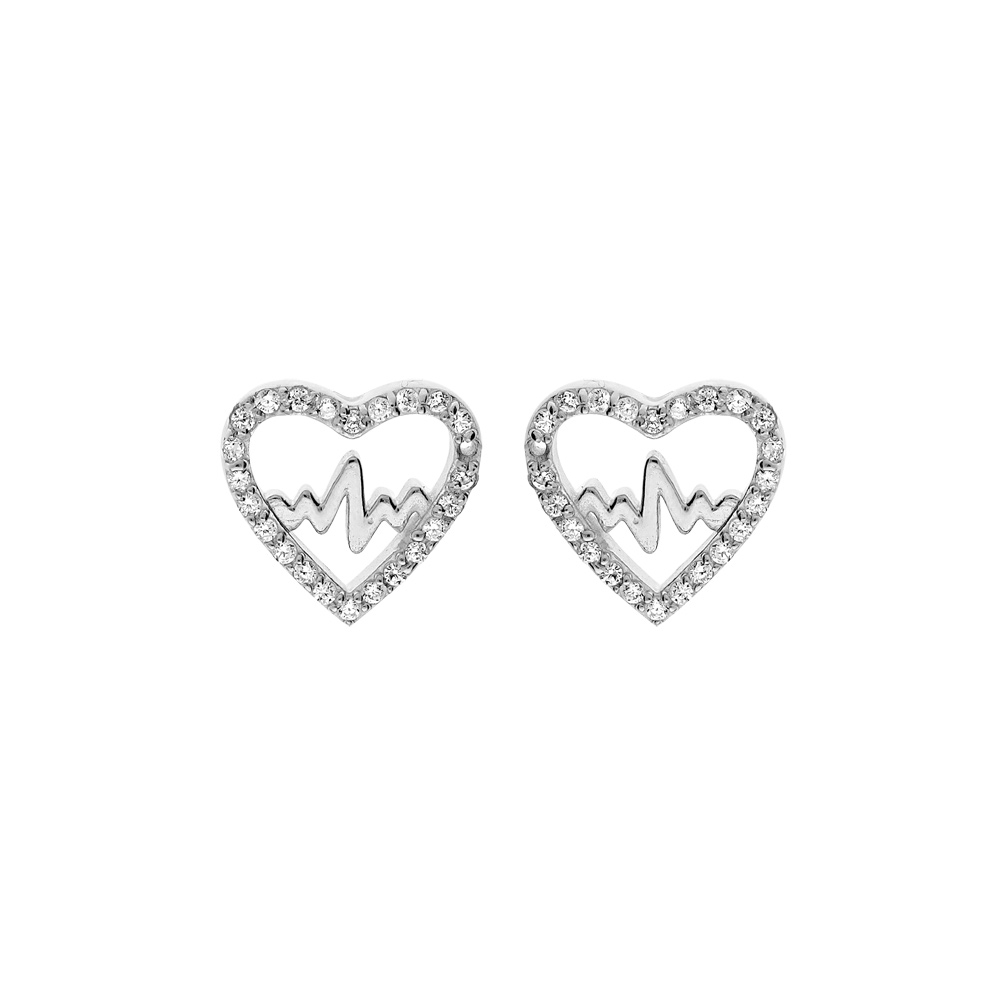 Boucles d\'oreille en argent rhodi� coeur avec ligne de vie et oxydes blancs sertis et fermoir poussette - Vue 1