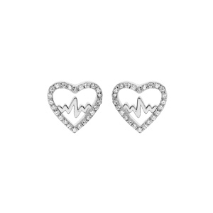 Boucles d\'oreille en argent rhodi coeur avec ligne de vie et oxydes blancs sertis et fermoir poussette - Vue 1