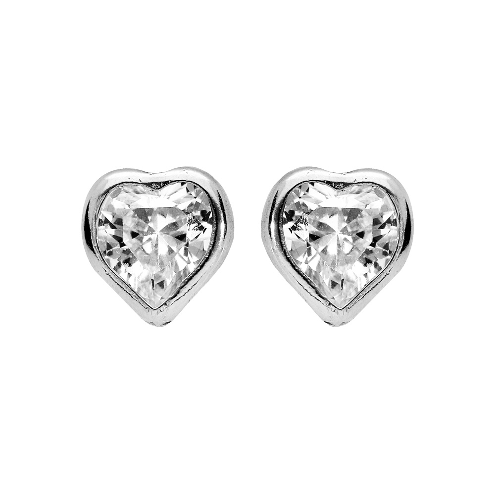 Boucles d\'oreille en argent rhodi� coeur avec oxyde blancs et fermoir poussette - Vue 1