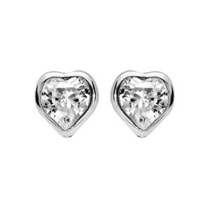 Boucles d\'oreille en argent rhodi coeur avec oxyde blancs et fermoir poussette - Vue 1