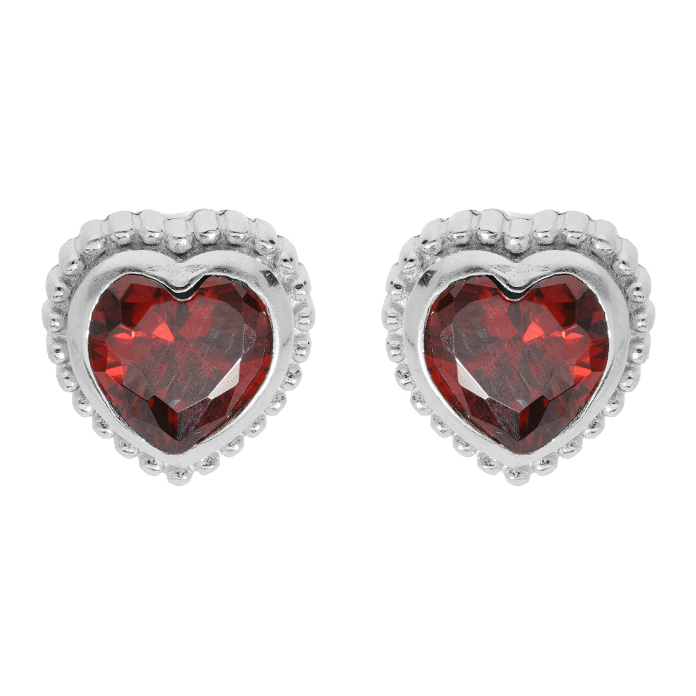 Boucles d\'oreille en argent rhodi� coeur avec oxyde grenat et fermoir poussette - Vue 1