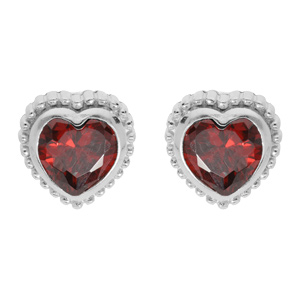 Boucles d\'oreille en argent rhodi coeur avec oxyde grenat et fermoir poussette - Vue 1