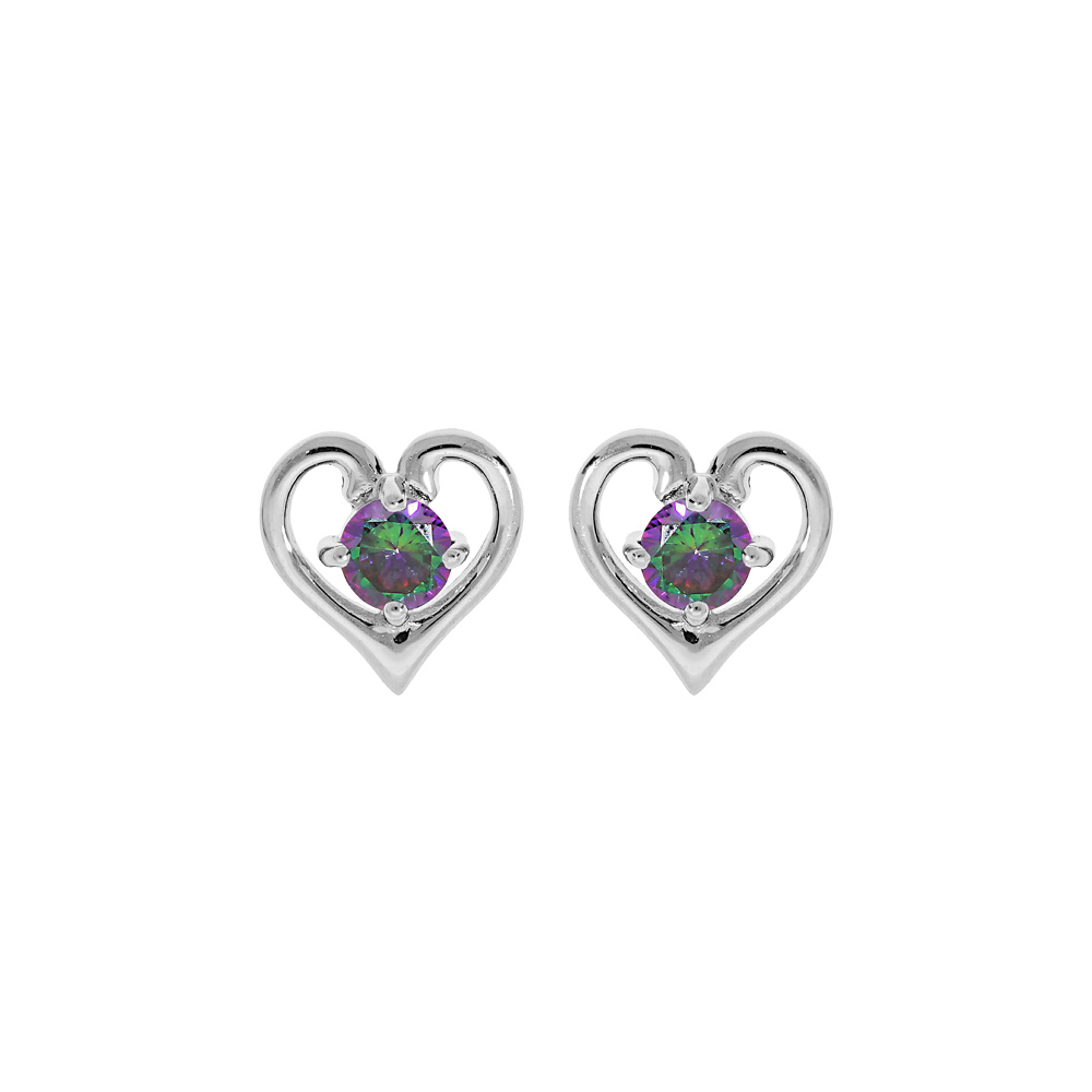 Boucles d\'oreille en argent rhodi� coeur avec oxyde mystique serti et fermoir poussette - Vue 1