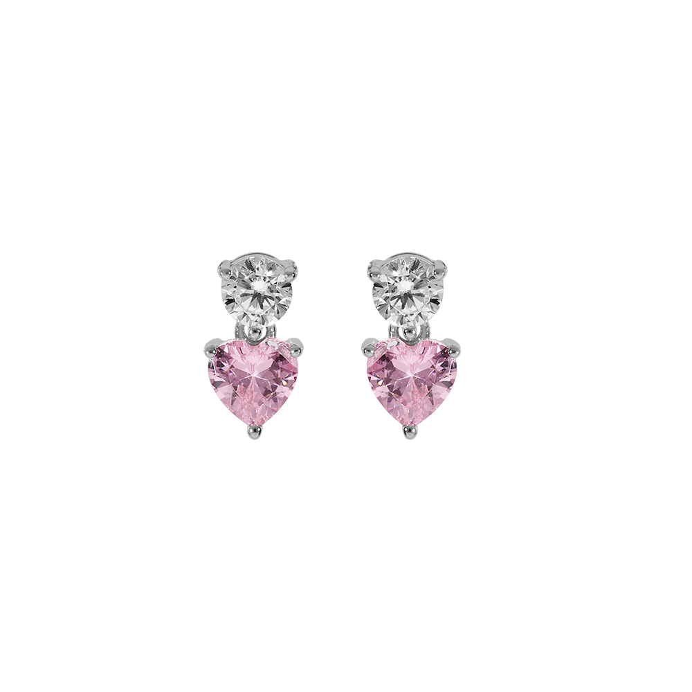 Boucles d\'oreille en argent rhodi� coeur avec oxyde rose et blanc et fermoir poussette - Vue 1