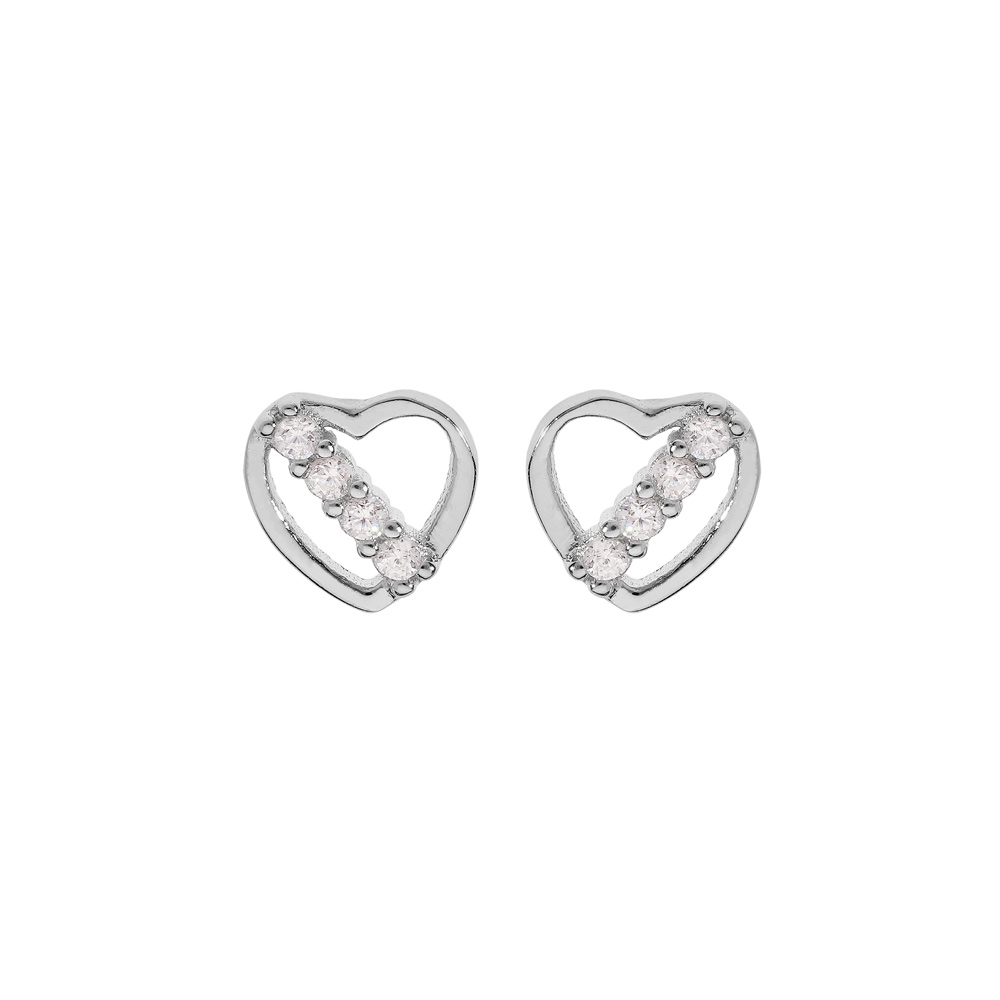 Boucles d\'oreille en argent rhodi� coeur avec oxydes blancs et fermoir poussette - Vue 1