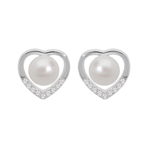 Boucles d\'oreille en argent rhodi coeur avec perle de culture d\'eau douce blanche et oxydes blancs sertis et fermoir poussette - Vue 1