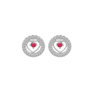 Boucles d\'oreille en argent rhodi coeur de Rubis vritable contour oxydes blancs et fermoir poussette - Vue 1