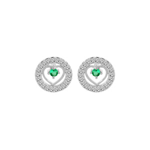 Boucles d\'oreille en argent rhodi coeur d\'Emeraude vritable contour oxydes blancs et fermoir poussette - Vue 1