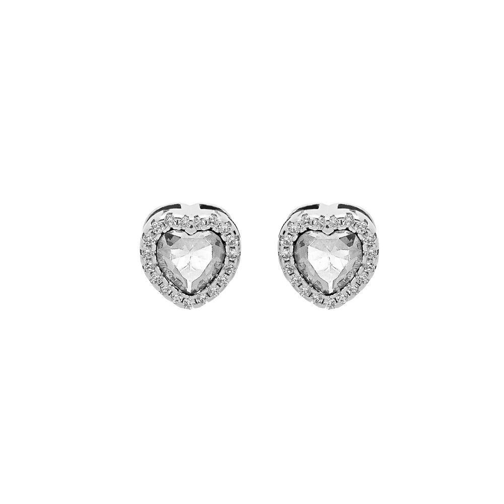 Boucles d\'oreille en argent rhodi� coeur oxyde blanc et contour oxydes blancs sertis avec fermoir poussette - Vue 1
