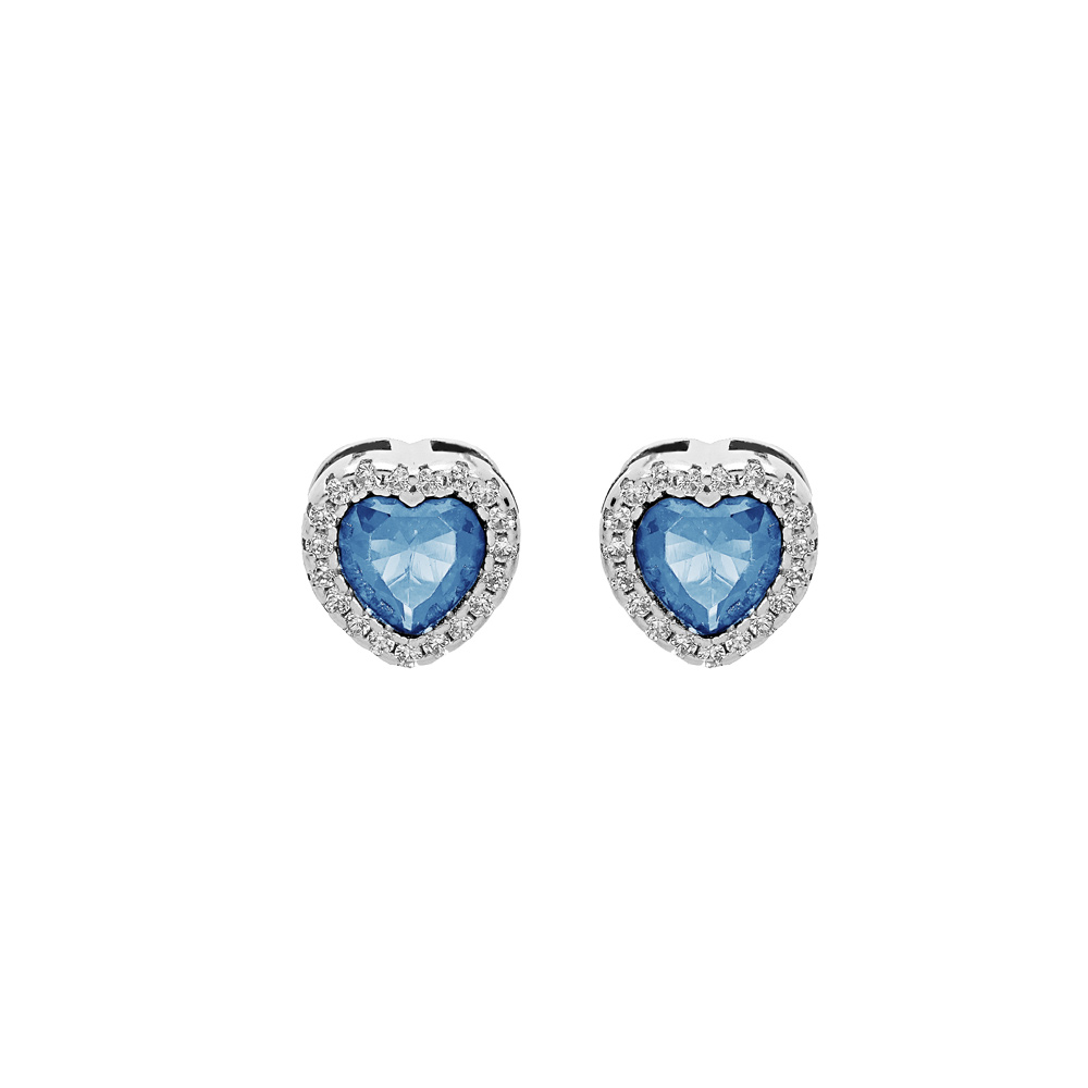Boucles d\'oreille en argent rhodi� coeur oxyde bleu ciel et contour oxydes blancs sertis avec fermoir poussette - Vue 1