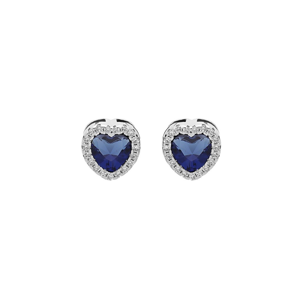 Boucles d\'oreille en argent rhodi� coeur oxyde bleu fonc� et contour oxydes blancs sertis avec fermoir poussette - Vue 1