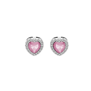 Boucles d\'oreille en argent rhodi coeur oxyde rose et contour oxydes blancs sertis avec fermoir poussette - Vue 1