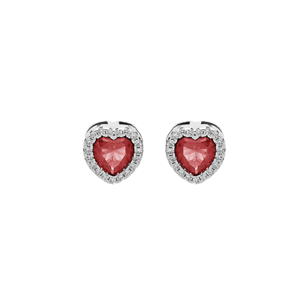 Boucles d\'oreille en argent rhodi� coeur oxyde rouge et contour oxydes blancs sertis avec fermoir poussette - Vue 1