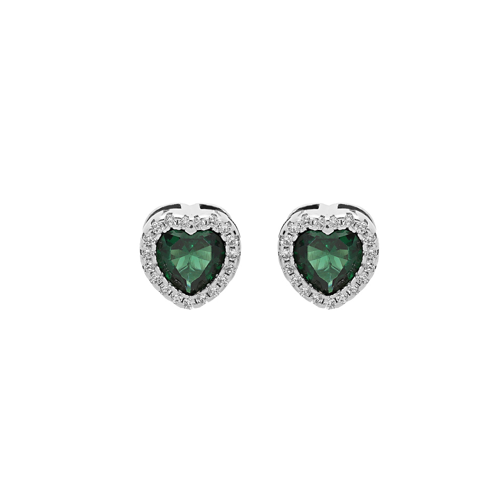 Boucles d\'oreille en argent rhodi� coeur oxyde vert et contour oxydes blancs sertis avec fermoir poussette - Vue 1