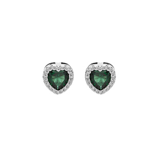 Boucles d\'oreille en argent rhodi coeur oxyde vert et contour oxydes blancs sertis avec fermoir poussette - Vue 1