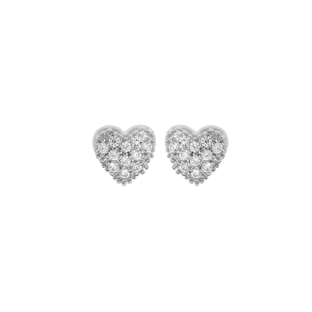 Boucles d\'oreille en argent rhodi� coeur pav� d\'oxydes blancs sertis et fermoir poussette - Vue 1
