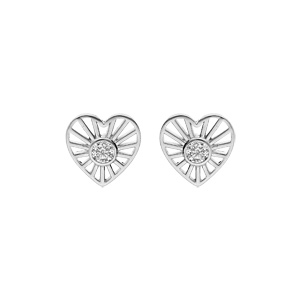 Boucles d\'oreille en argent rhodi coeur soleil oxyde blanc serti et fermoir pousette - Vue 1