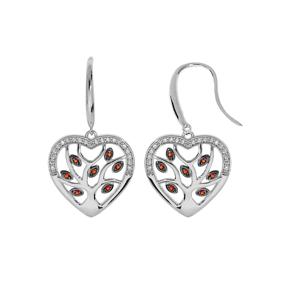 Boucles d\'oreille en argent rhodi� coeur suspendu avec arbre de vie empierr� pierres rouges et fermoir crochet - Vue 1
