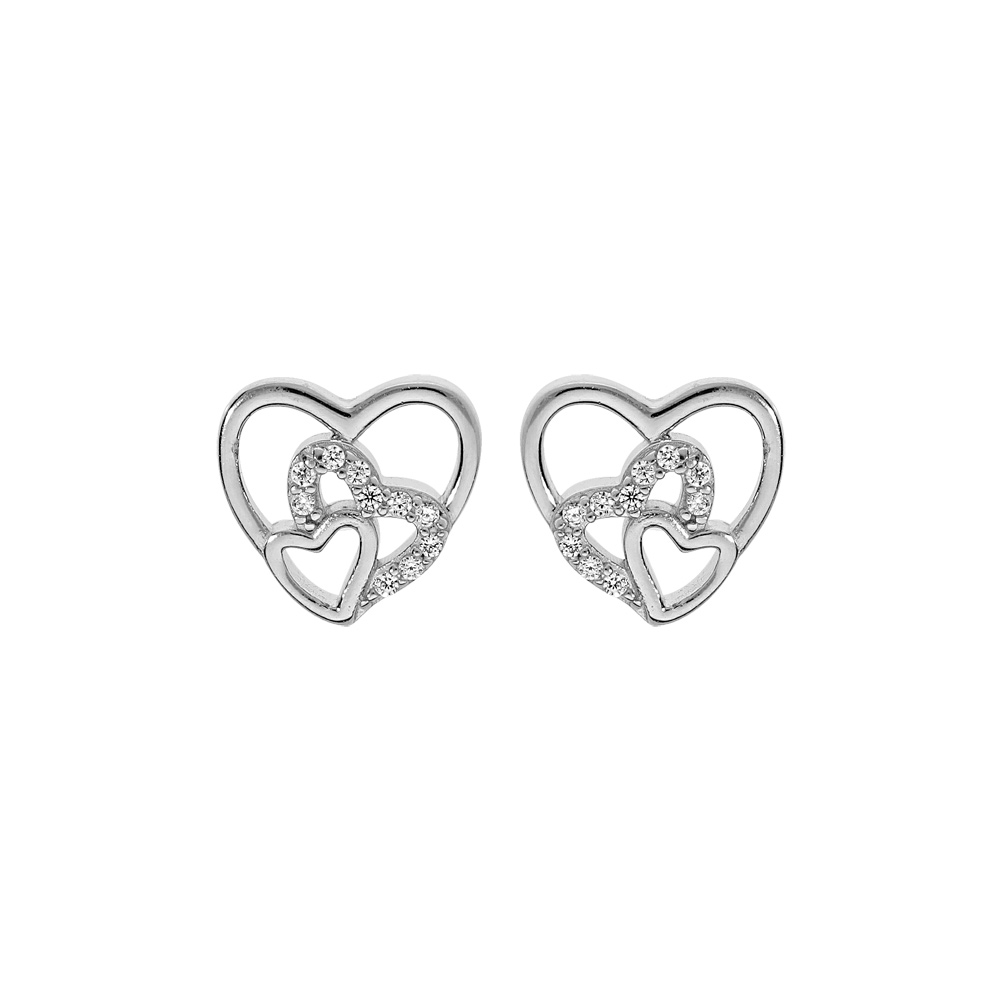 Boucles d\'oreille en argent rhodi� coeurs �vid�s avec oxydes blancs sertis et fermoir poussette - Vue 1