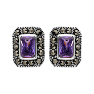 Boucles d\'oreille en argent rhodi collection joaillerie Oxyde violet rectangulaire contour Marcassite et fermoir poussette - Vue 1