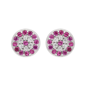 Boucles d\'oreille en argent rhodi collection joaillerie pastille empierre rose et blanc et fermoir poussette - Vue 1