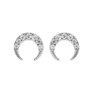 Boucles d\'oreille en argent rhodi croissant de lune avec oxydes blancs sertis et fermoir poussette - Vue 1