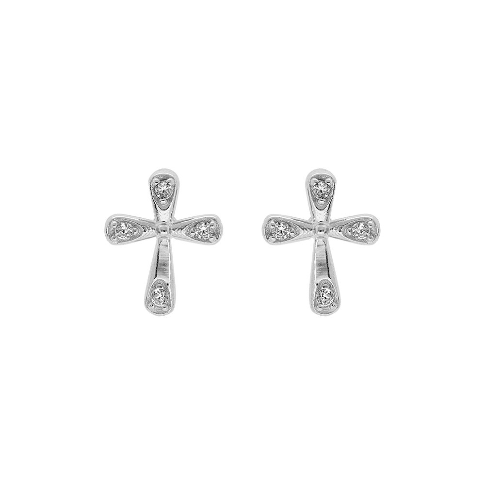 Boucles d\'oreille en argent rhodi� croix 0.6 x 0.80mm avec oxydes blancs sertis et fermoir poussette - Vue 1