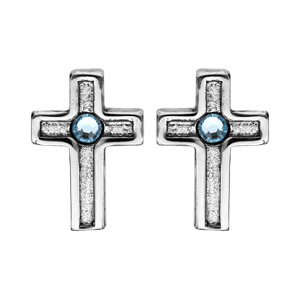 Boucles d\'oreille en argent rhodi Croix avec cristal de Swarovski bleu ciel et fermoir poussette - Vue 1