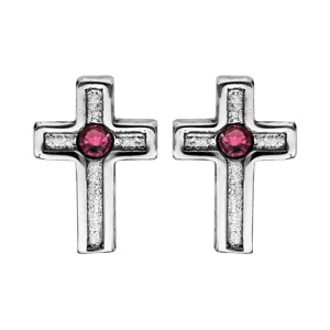 Boucles d\'oreille en argent rhodi Croix avec cristal de Swarovski violet et fermoir poussette - Vue 1