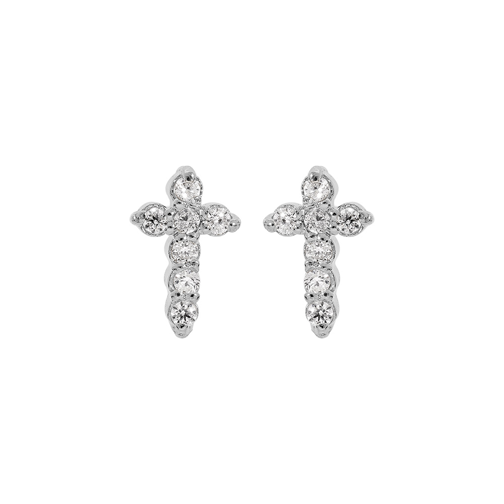 Boucles d\'oreille en argent rhodi croix avec oxydes blancs sertis dim 6mm x 3 mm et fermoir poussette - Vue 1