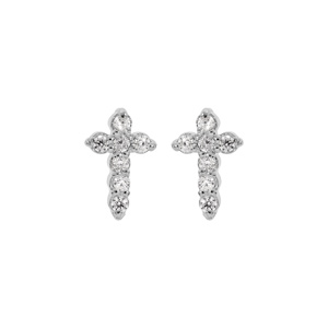 Boucles d\'oreille en argent rhodi croix avec oxydes blancs sertis dim 6mm x 3 mm et fermoir poussette - Vue 1