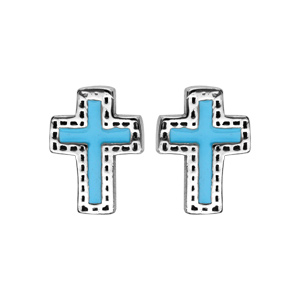 Boucles d\'oreille en argent rhodi Croix avec turquoise de synthse et fermoir poussette - Vue 1