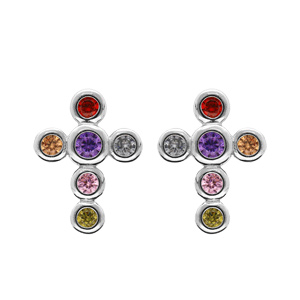Boucles d\'oreille en argent rhodié croix décorée de pierres rondes multi couleurs ert fermoir poussette - Vue 1