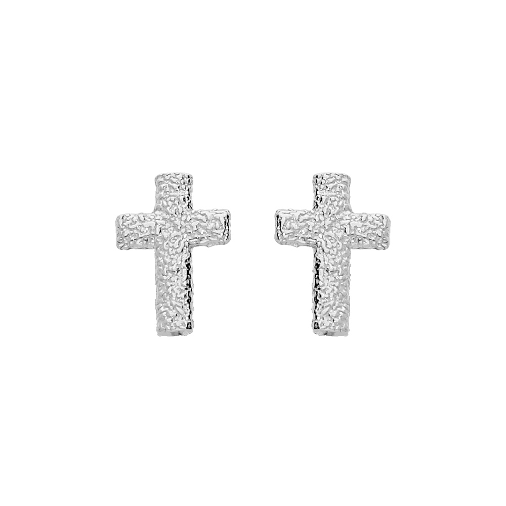 Boucles d\'oreille en argent rhodi� croix givr�e et fermoir poussette - Vue 1