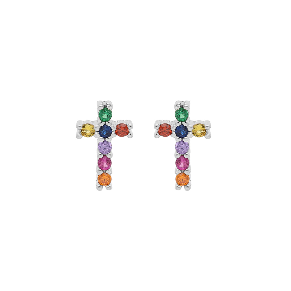 Boucles d\'oreille en argent rhodi� croix pierres multi couleurs et fermoir poussette - Vue 1