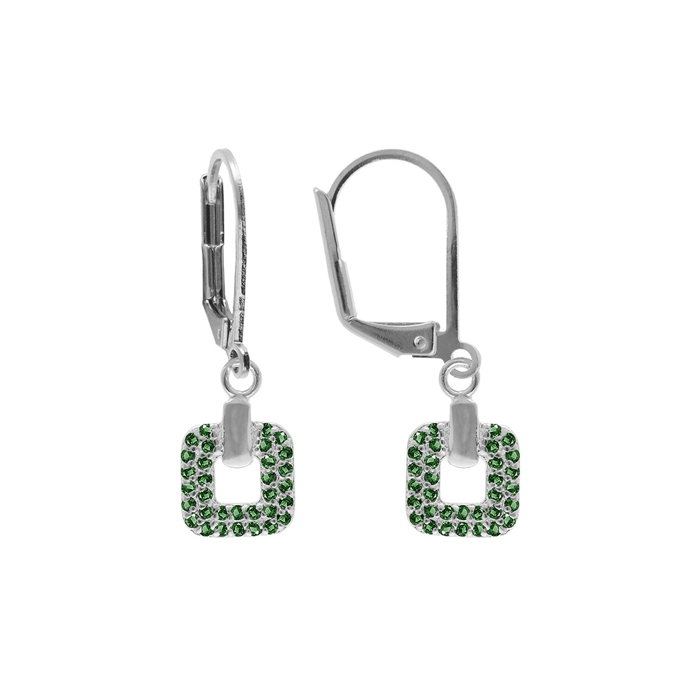Boucles d\'oreille en argent rhodi de forme carre oxydes verts sertis, fermoir dormeuse - Vue 1