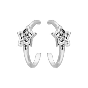 Boucles d\'oreille en argent rhodié demi anneau avec étoile oxydes blancs et fermoir poussette - Vue 1