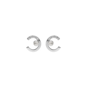 Boucles d\'oreille en argent rhodié demi cercle avec perle de synthèse blanche et oxydes blancs sertis et fermoir poussette - Vue 1
